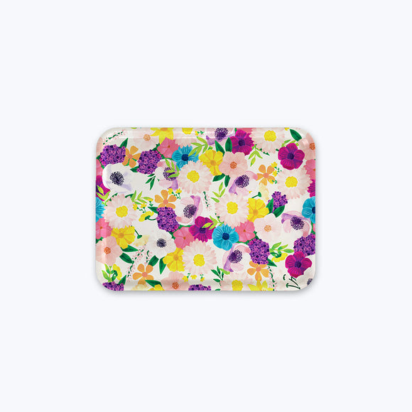 Granny Lilac breakfast tray with colorful floral pattern in lilac, pink, yellow and turquoise – birch wood, 19.8 x 27 cm.