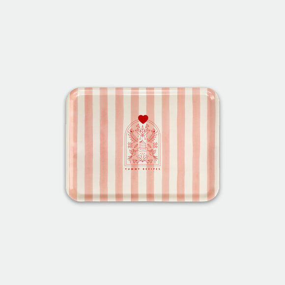 Rectangular breakfast tray with pink vertical stripes and central heart illustration, Pink Stripes by All the Ways to Say