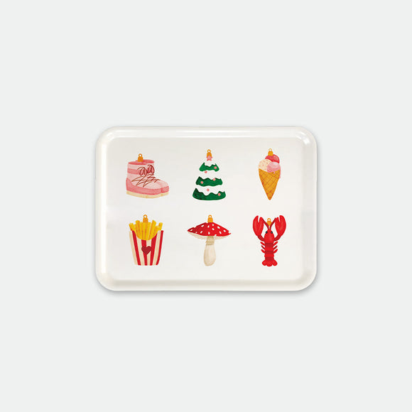 Rectangular breakfast tray with festive ornament illustrations including boot, Christmas tree, ice cream cone, fries, mushroom and lobster, Ornaments by All the Ways to Say