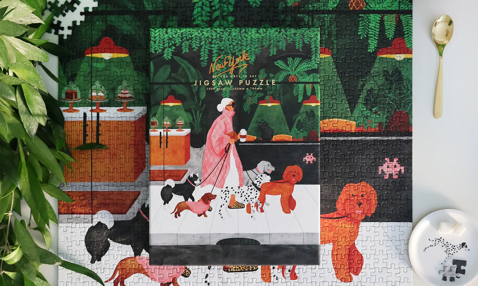 All the Ways to Say hobbies – illustrated jigsaw puzzle with woman walking dogs in a café scene