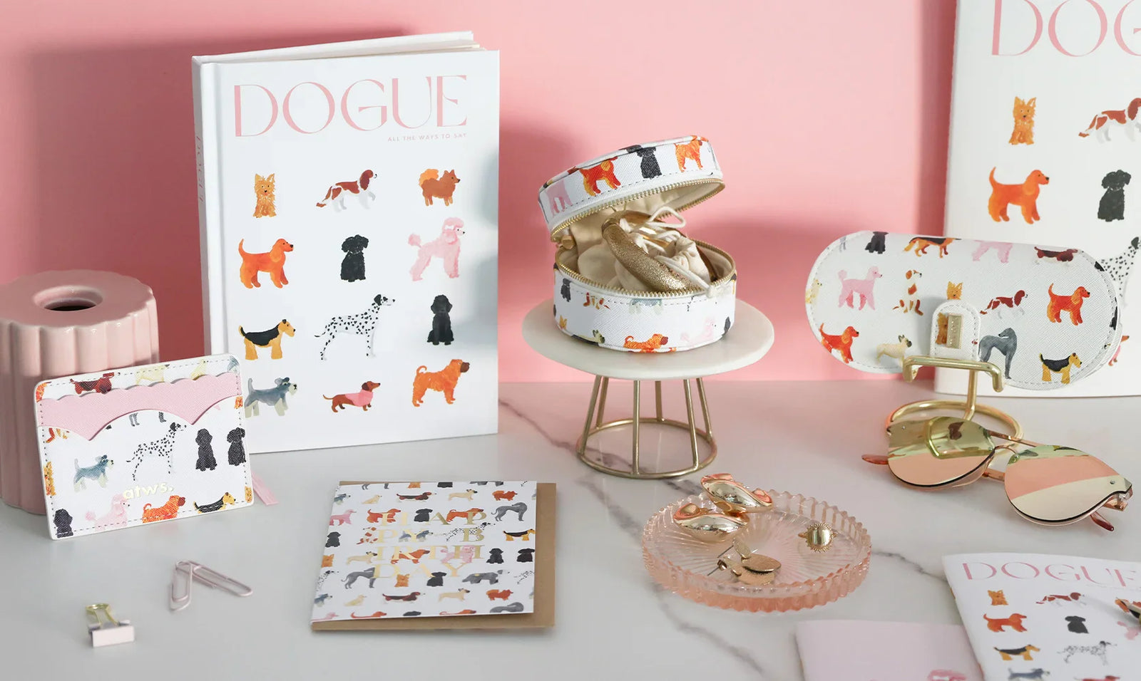 All the Ways to Say new collection – dog-themed stationery and accessories with pastel pink background