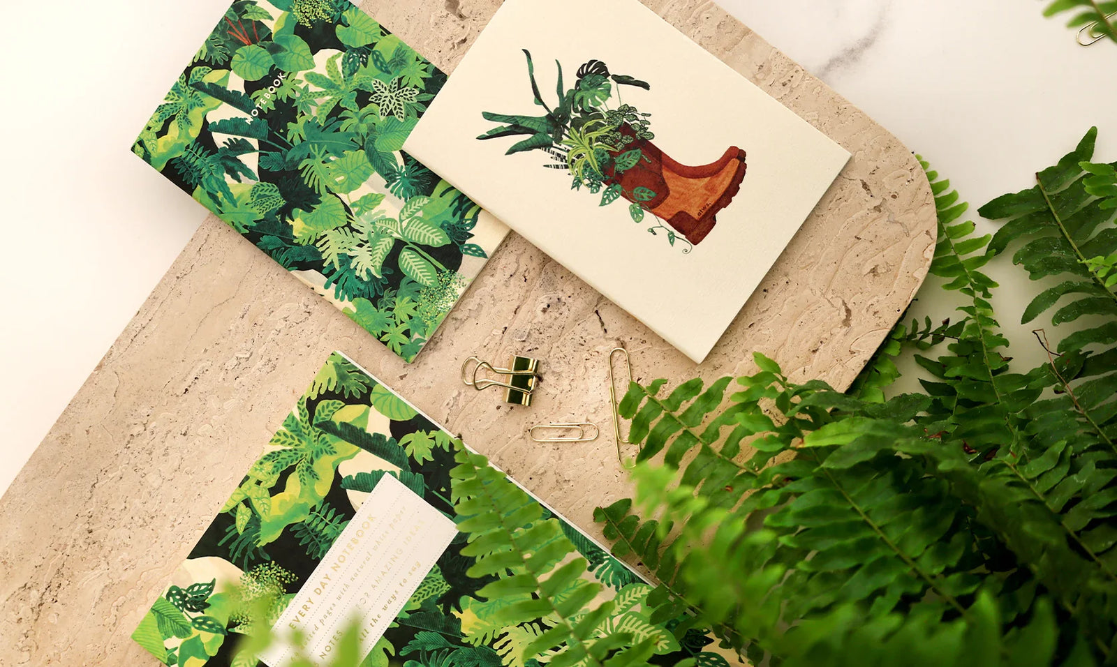 All the Ways to Say stationery – botanical notebooks with green plant illustrations and natural textures