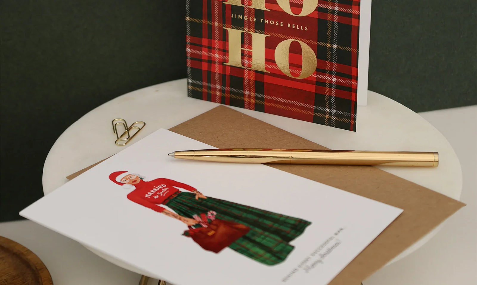 All the Ways to Say Christmas cards – festive greeting cards with red tartan and holiday illustrations