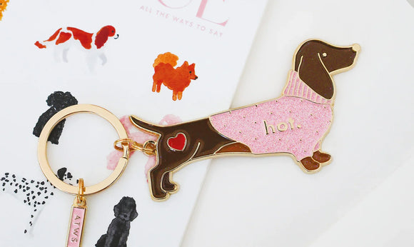 All the Ways to Say keychains – dachshund enamel keychain with pink glitter sweater and gold details