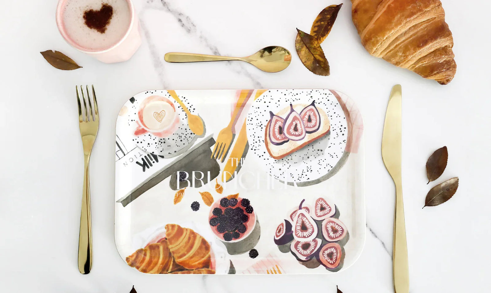 All the Ways to Say trays – illustrated brunch tray with figs, croissant, and coffee design on marble background