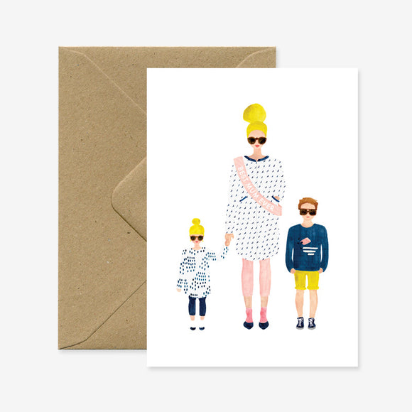 Greeting card with illustration of a stylish mother holding hands with her children, wearing matching outfits, text "Best Mum Ever" on a sash.