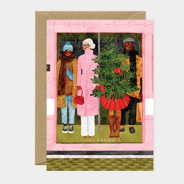 Greeting card with illustration of four people in winter clothing and a wreath, on a white background.