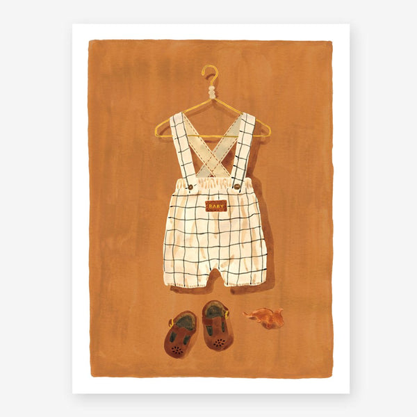 A poster featuring an illustration of a little boy's outfit, consisting of a pair of overalls and shoes, hanging on a clothesline against a brown background.