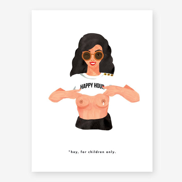A colorful poster featuring a cartoon-style character with sunglasses, lifting her 'Happy Hour' t-shirt intended for children.
