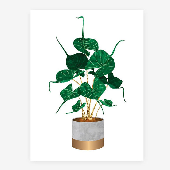 A poster print depicting an illustrated alocasia stingray plant with green leaves and golden stems in a grey and gold pot.