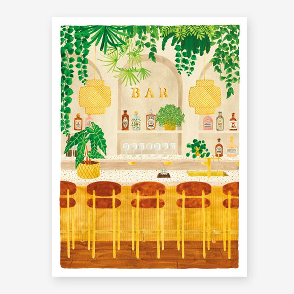 Bar art print featuring an illustrated chic cocktail counter with velvet stools, liquor bottles, and lush hanging ivy plants.