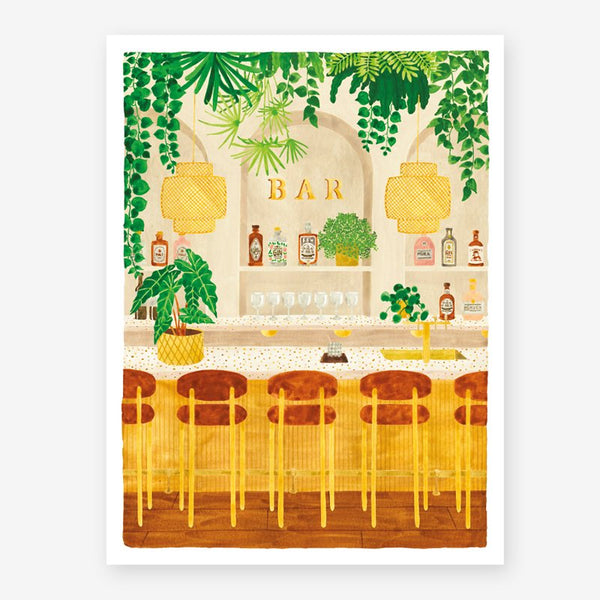 Bar art print featuring an illustrated chic cocktail counter with velvet stools, liquor bottles, and lush hanging ivy plants.