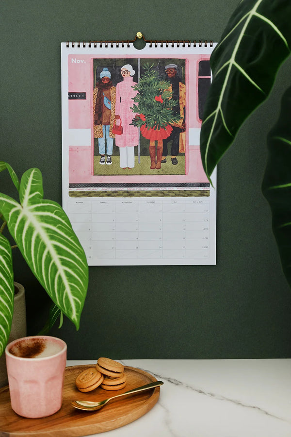 November page from Daily Poetry 2026 calendar – woman holding Christmas tree in subway scene