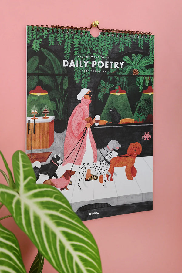 Cover close-up of Daily Poetry 2026 calendar by All The Ways To Say – woman walking dogs illustration