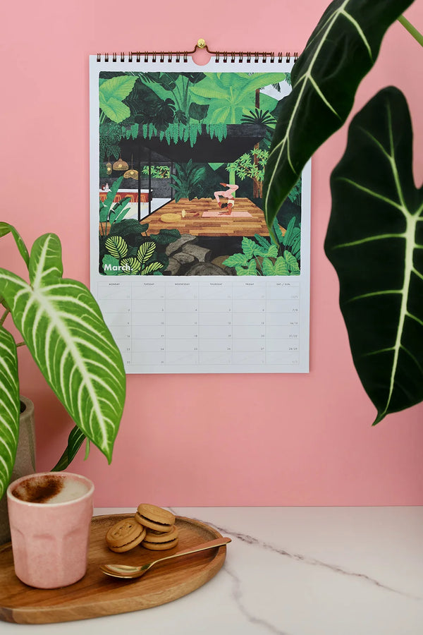 Inside view of Daily Poetry 2026 calendar showing March page with tropical yoga illustration