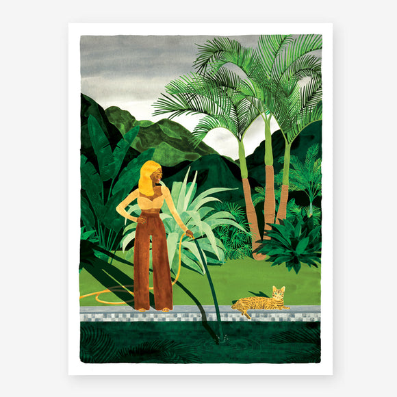Chic Watering art print featuring a woman with a garden hose near a pool and a leopard, surrounded by lush green palm trees.
