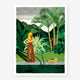 Chic Watering art print featuring a woman with a garden hose near a pool and a leopard, surrounded by lush green palm trees.
