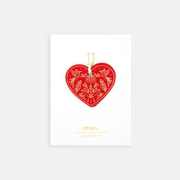 Red Hearts Gift Tag Set – pack of 6 red heart-shaped tags with golden decorative motifs, paper with gold foil details, by All the Ways to Say.