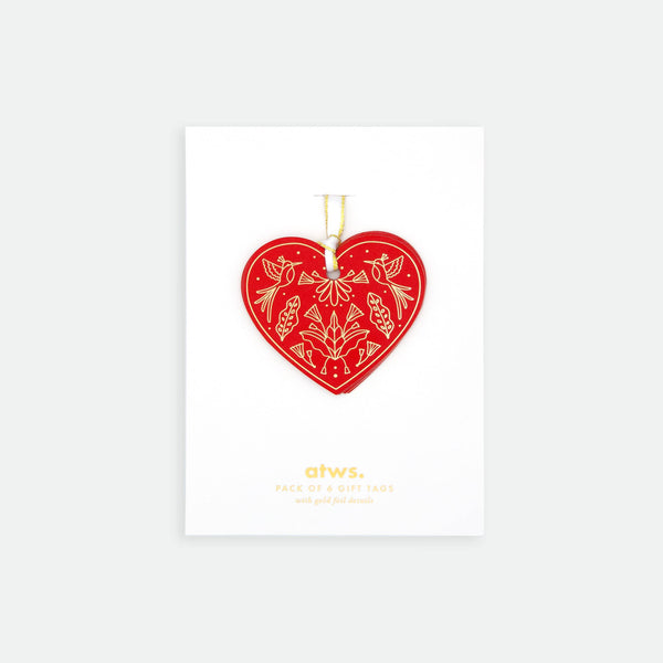 Red Hearts Gift Tag Set – pack of 6 red heart-shaped tags with golden decorative motifs, paper with gold foil details, by All the Ways to Say.
