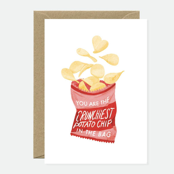 Greeting card with an illustration of a potato chip bag and croutons, with a text that reads 'You are the crunchiest potato chip in the bag'.