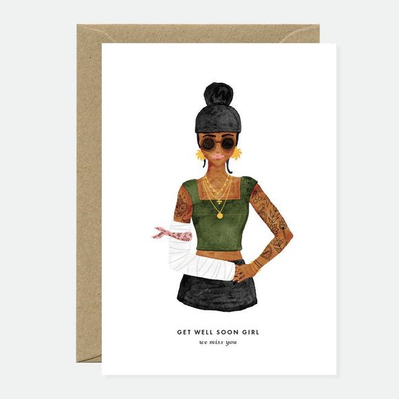 Greeting card with an illustration of a woman in a green top and black shorts, with a text 'Get Well Soon - ' and a recycled brown envelope.