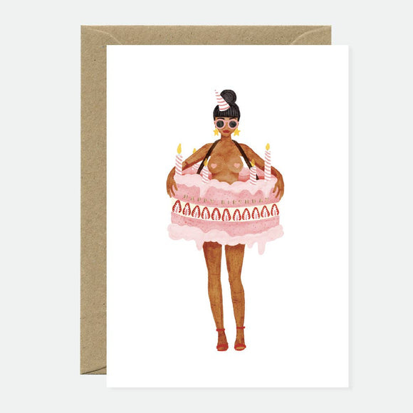 Greeting card with an illustration of a character dressed in a pink cake-themed costume, holding candles, and standing on a base that resembles a cake.