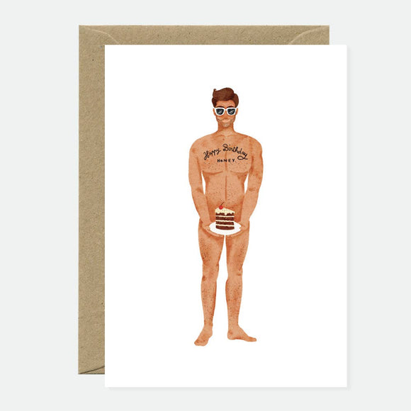 Illustration of a naked man wearing sunglasses and holding a birthday cake in front of him, on a white background with kraft envelope.