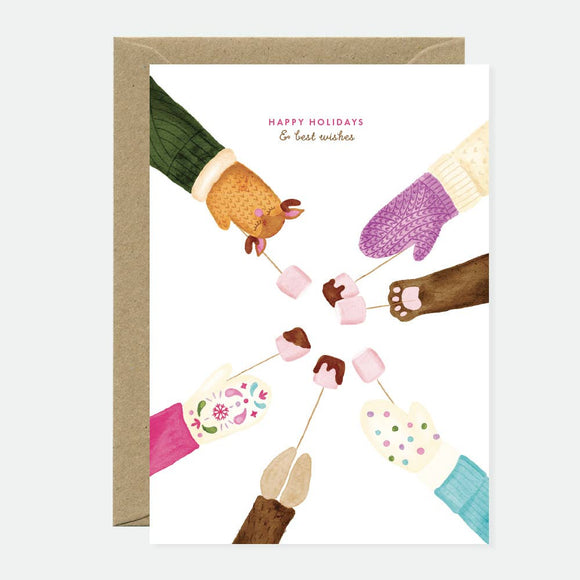 Greeting card illustration of colorful mittened hands roasting pink marshmallows over a fire, symbolizing warmth, coziness, and holiday spirit.