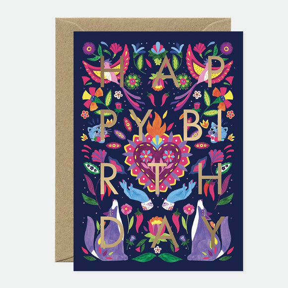 A colorful birthday greeting card with gold foil details, a recycled brown envelope, and a blank interior.