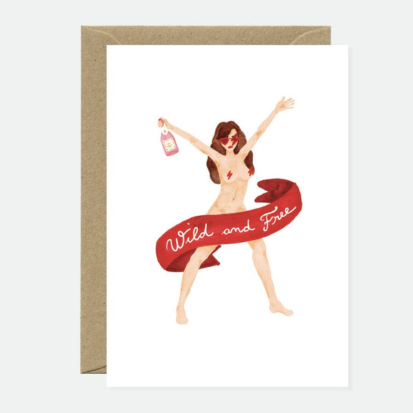 Illustration of a woman wearing sunglasses, holding a bottle, and standing behind a red ribbon with the words “Wild and Free.”