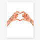 Hands of love art print showing two illustrated tattooed hands forming a heart shape on a clean white background.