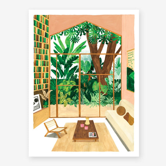 Inside out house art print depicting a bohemian living room with a large window looking out onto a lush tropical garden filled with trees.