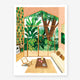 Inside out house art print depicting a bohemian living room with a large window looking out onto a lush tropical garden filled with trees.