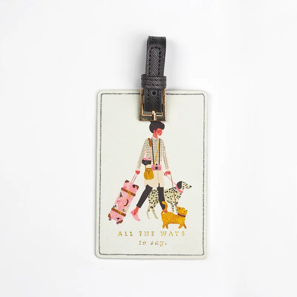 Illustrated luggage tag with a traveler walking two dogs, Madame Voyage design by All The Ways To Say.