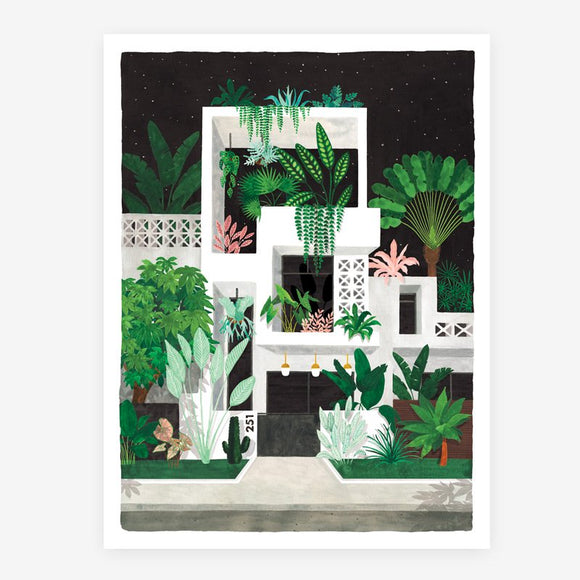 Miami by night art print by All the Ways to Say featuring a white modernist building filled with lush green tropical plants under a starry night sky.