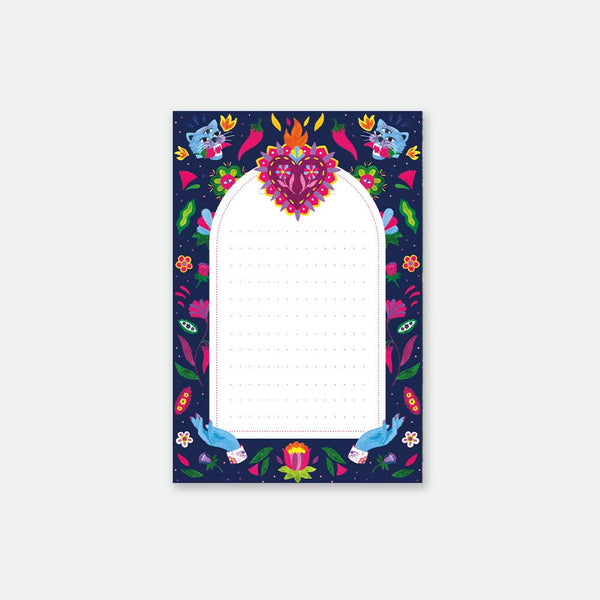 A colorful Mexican-themed notepad with a vibrant design featuring flowers, birds, and traditional patterns.