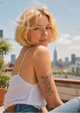 A blonde woman with a ATWS tattoo on her upper arm wearing a white camisole and blue jeans, looking back over her shoulder against a sunny city skyline background.