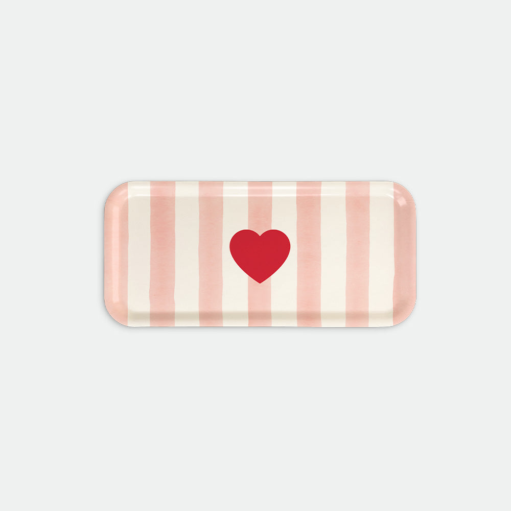 Rectangular coffee tray with pink vertical stripes and a red heart in the center, Pink Stripes by All the Ways to Say
