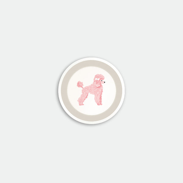 Round coaster with illustration of a pink poodle dog on a cream background with grey border, Pink Poodle by All the Ways to Say