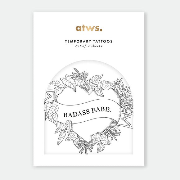 Badass Babe Tattoo Set – 2 sheets of temporary tattoos with bold heart banner design, vegetable-based ink, by All the Ways to Say.