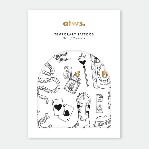 Modern Western Tattoo Set – 2 sheets of temporary tattoos with cowboy-inspired designs like boots, snakes, and cards, by All the Ways to Say.