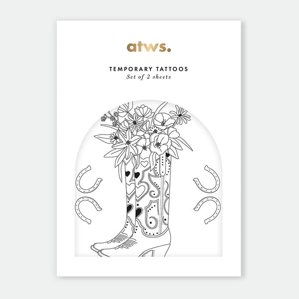 Santiag Tattoo Set – 2 sheets of temporary tattoos with cowboy boots, flowers, and horseshoes, vegetable-based ink, by All the Ways to Say.