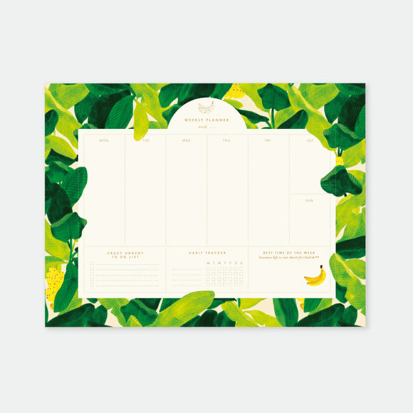 Beverly Hills Bananas Leaves Weekly Planner – 50 tear-off pages, 25 × 19 cm, tropical banana leaf design by All the Ways to Say.