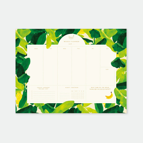 Beverly Hills Bananas Leaves Weekly Planner – 50 tear-off pages, 25 × 19 cm, tropical banana leaf design by All the Ways to Say.