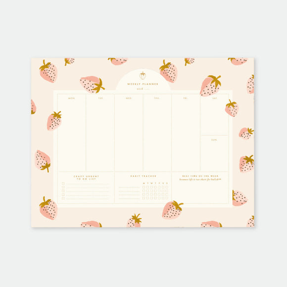 Strawberries Weekly Planner – 50 tear-off pages, 25 × 19 cm, playful strawberry design by All the Ways to Say.