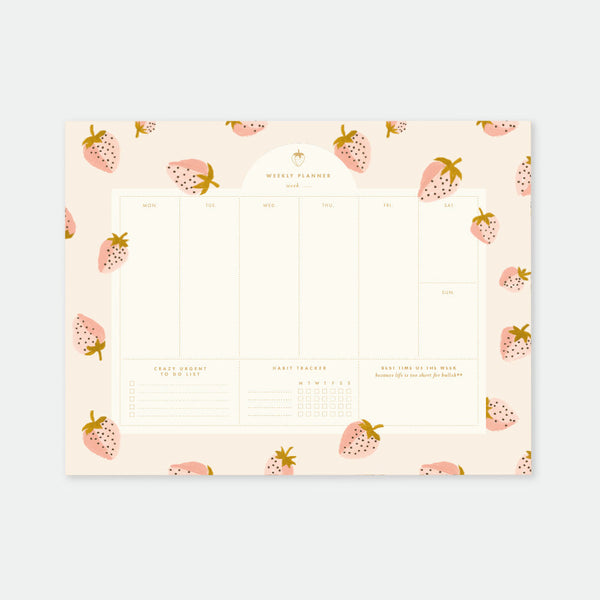 Strawberries Weekly Planner – 50 tear-off pages, 25 × 19 cm, playful strawberry design by All the Ways to Say.