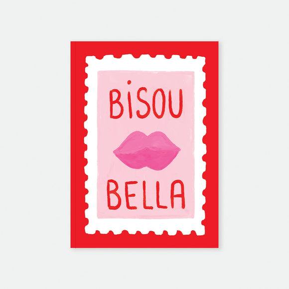 A5 notebook cover by All The Ways To Say featuring a red background with a pink stamp illustration, pink lips, and the text "BISOU BELLA".