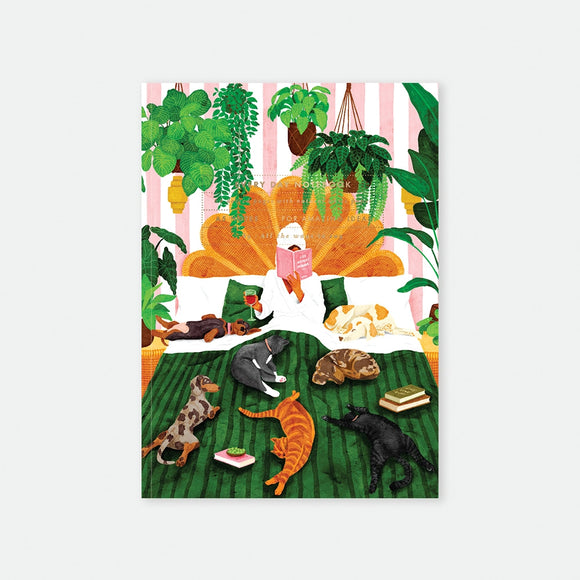 5 notebook cover by All The Ways To Say featuring a watercolor illustration of a person reading in bed surrounded by many pets and hanging plants.