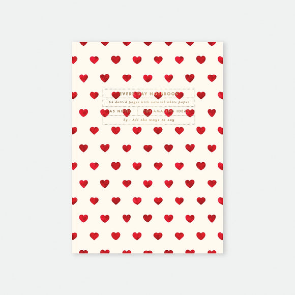 A5 notebook cover by All The Ways To Say featuring a repetitive pattern of small red watercolor hearts on a cream background.