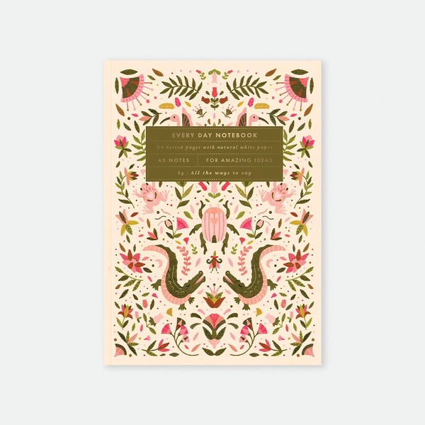 A5 notebook cover by All The Ways To Say featuring a symmetrical botanical pattern with pink crocodiles and gold foil details.